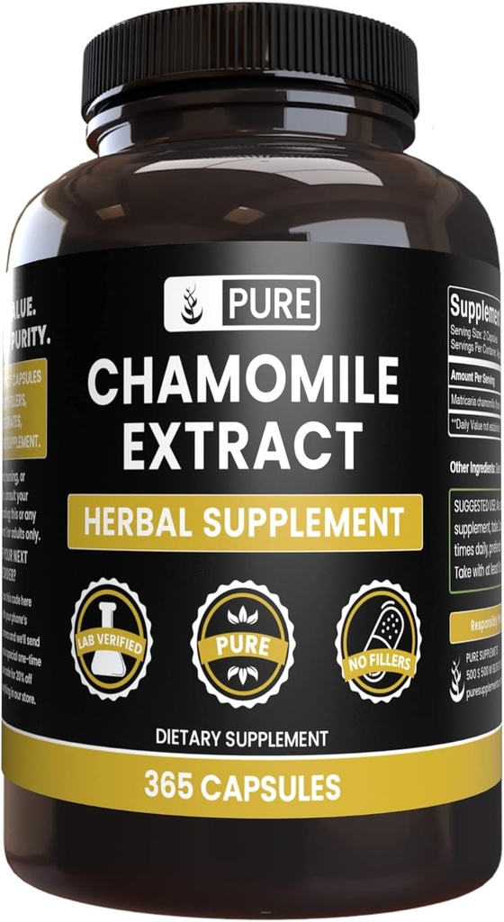 PURE ORIGINAL INGREDIENTI Estratto di camomilla (365 capsule) Nessun filler di magnesio o di riso, sempre puro, verificato il laboratorio