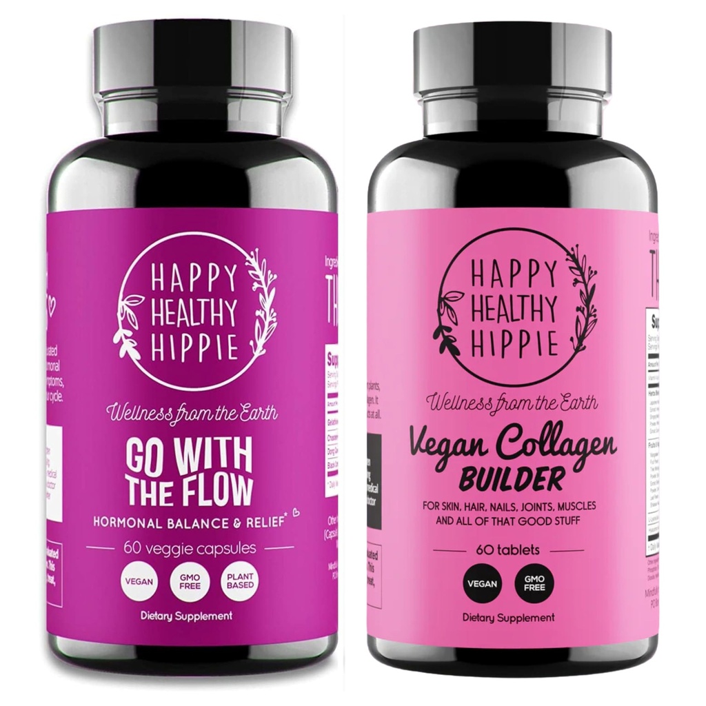 Happy Healthy Hippie Vegan Collagen Builder w/Hyaluronic Acid & Go con l'equilibrio dell'ormone di flusso per le donne
