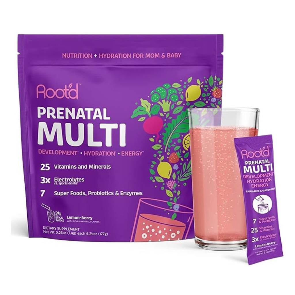 Polvere prenatale multivitaminica con 3X elettroliti - 25 vitamine e minerali, Folate, Ferro, Vitamina D3, 7 Superfoods & Probiotics, Vitamine e Idratazione senza zucchero | 24 Confezioni di miscela di vitamine