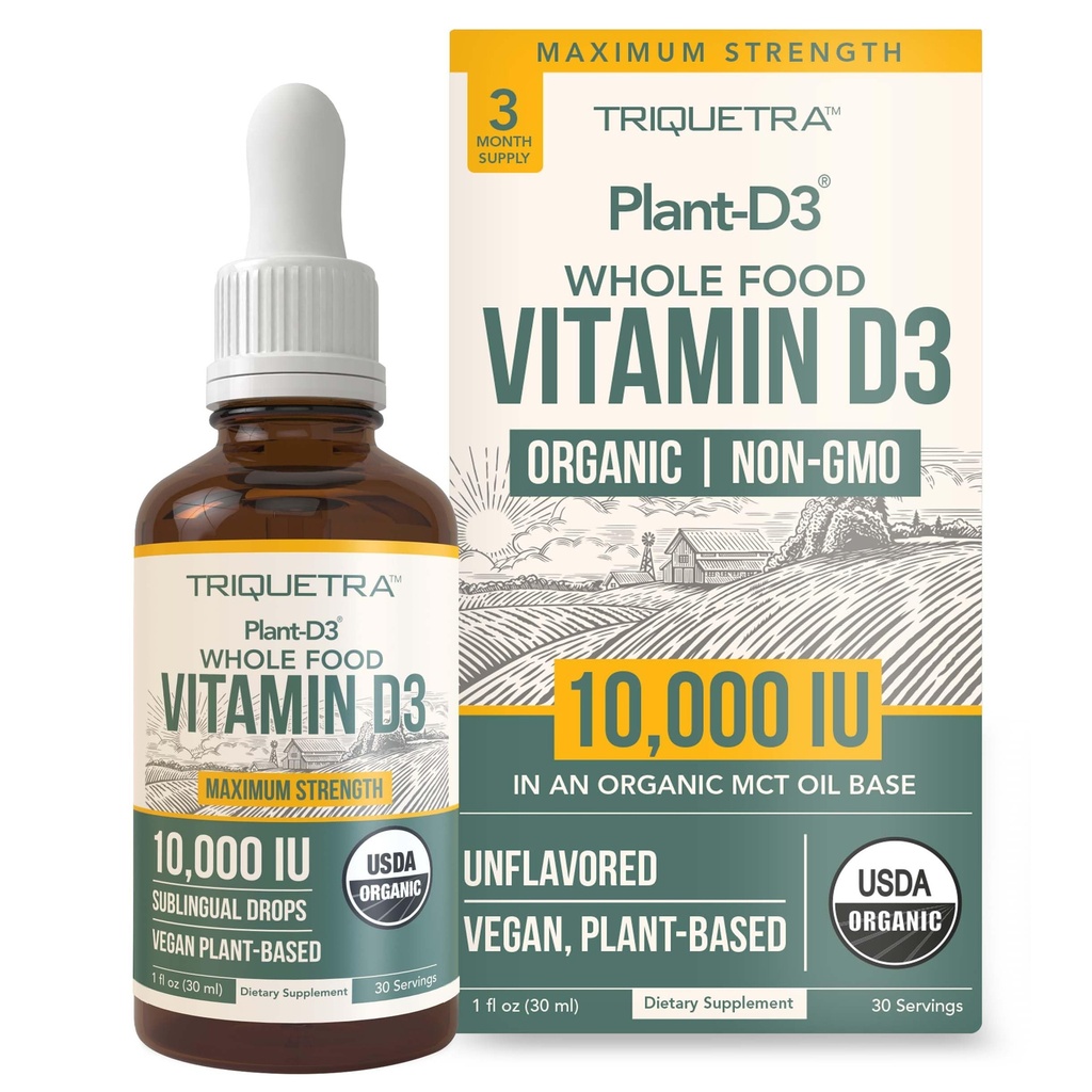 Vitamina Organica D3 10.000 IU - Pianta D3, Vegan, Liquido Sublinguale Max Strength D3 Gocce - 200% Assorbimento Superiore, 100% Forma di Calciferolo Piantato & Vegan D3, Dosaggio Regolabile (30 Serve)