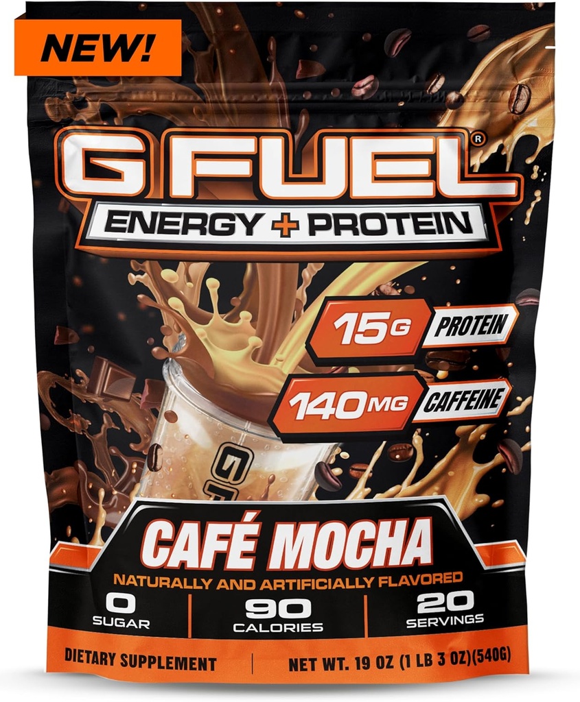 G Fuel Protein + Energy Drink Powder, Pre Workout Caffeine Mix for Gaming, Sugar Free Focus Amino, Vitamina + Antiossidanti, 19oz (Cafe Mocha, 20 Serve)