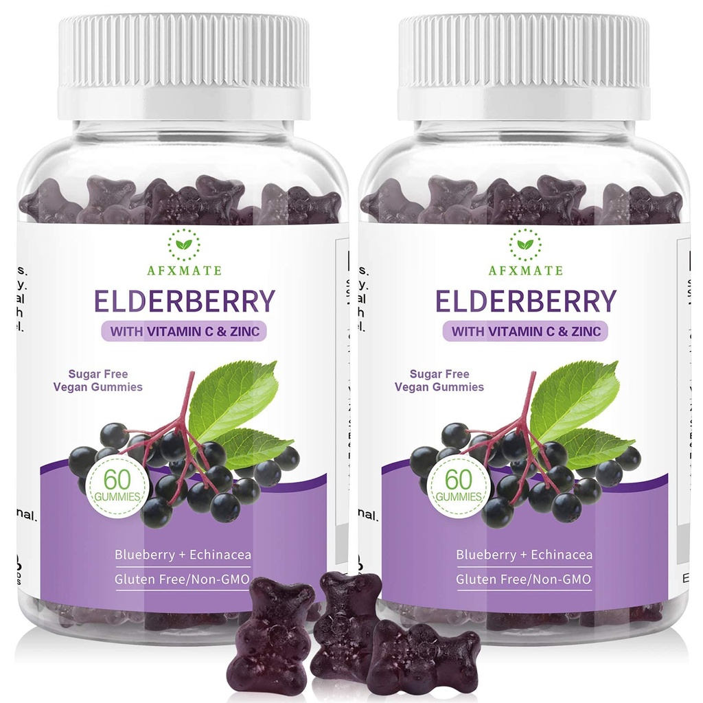 AFXMATE Sambucus Black Elderberry Gummies con Zinco e Vitamina C per Adulti Bambini Supporto Immune, Sugar Free 120 Counts