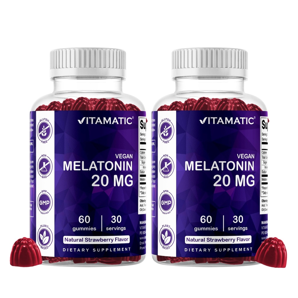 Vitamatic Melatonina 20mg Gummies per adulti, 30 Serve - 60 Conte - Supplemento formativo non abituale (Pacchetto di 2)