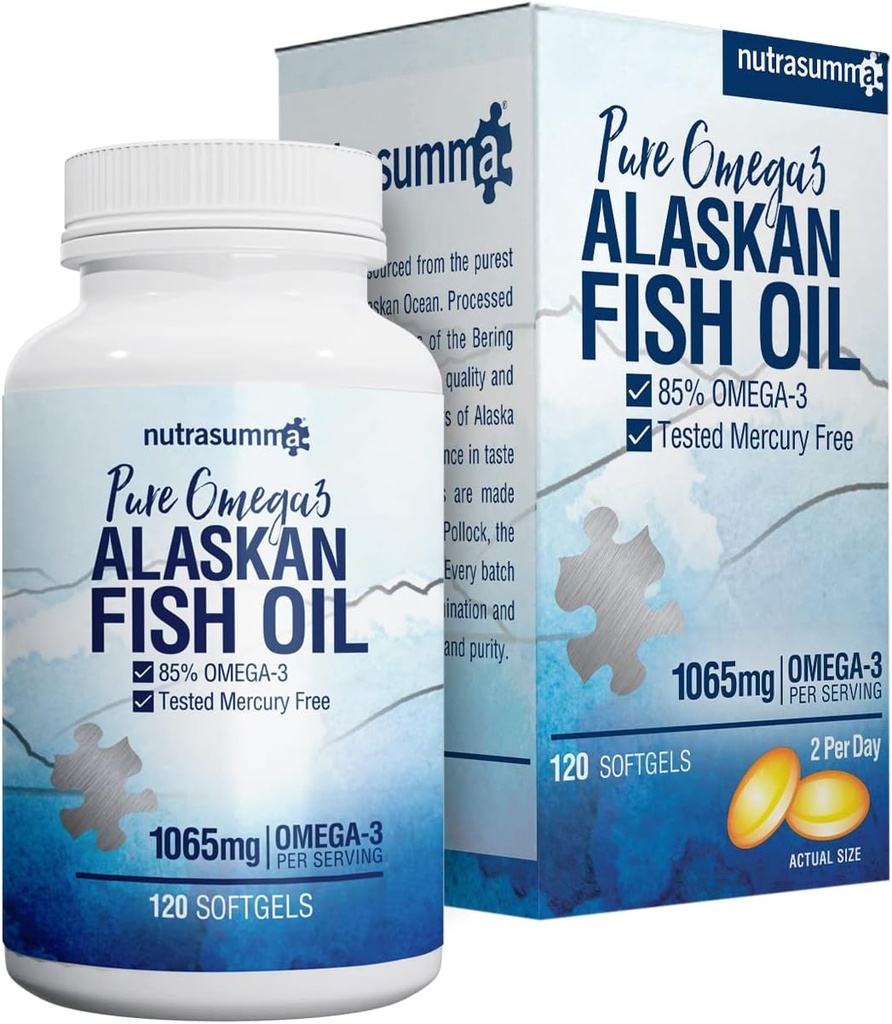 Nutrasumma High Purified Omega 3 Supplemento Wild Alaskan Fish Oil Burpless & No Fishy Taste, 650mg EPA &270mg DHA di 1250mg Fish Oil softgels, Gluten Free, Heart, Brain& Immune Support, 60 Servings