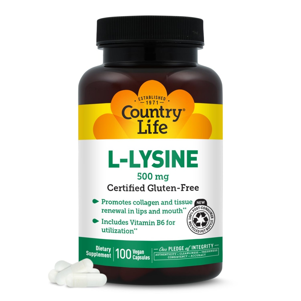 Country Life L-Lysine 500mg con B-6, Supporta la salute immunitaria, Promuove il rinnovo del collagene in labbra e bocca, 100 capsule vegane, senza glutine certificato, Vegan