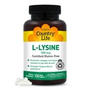Country Life L-Lysine 500mg con B-6, Supporta la salute immunitaria, Promuove il rinnovo del collagene in labbra e bocca, 100 capsule vegane, senza glutine certificato, Vegan