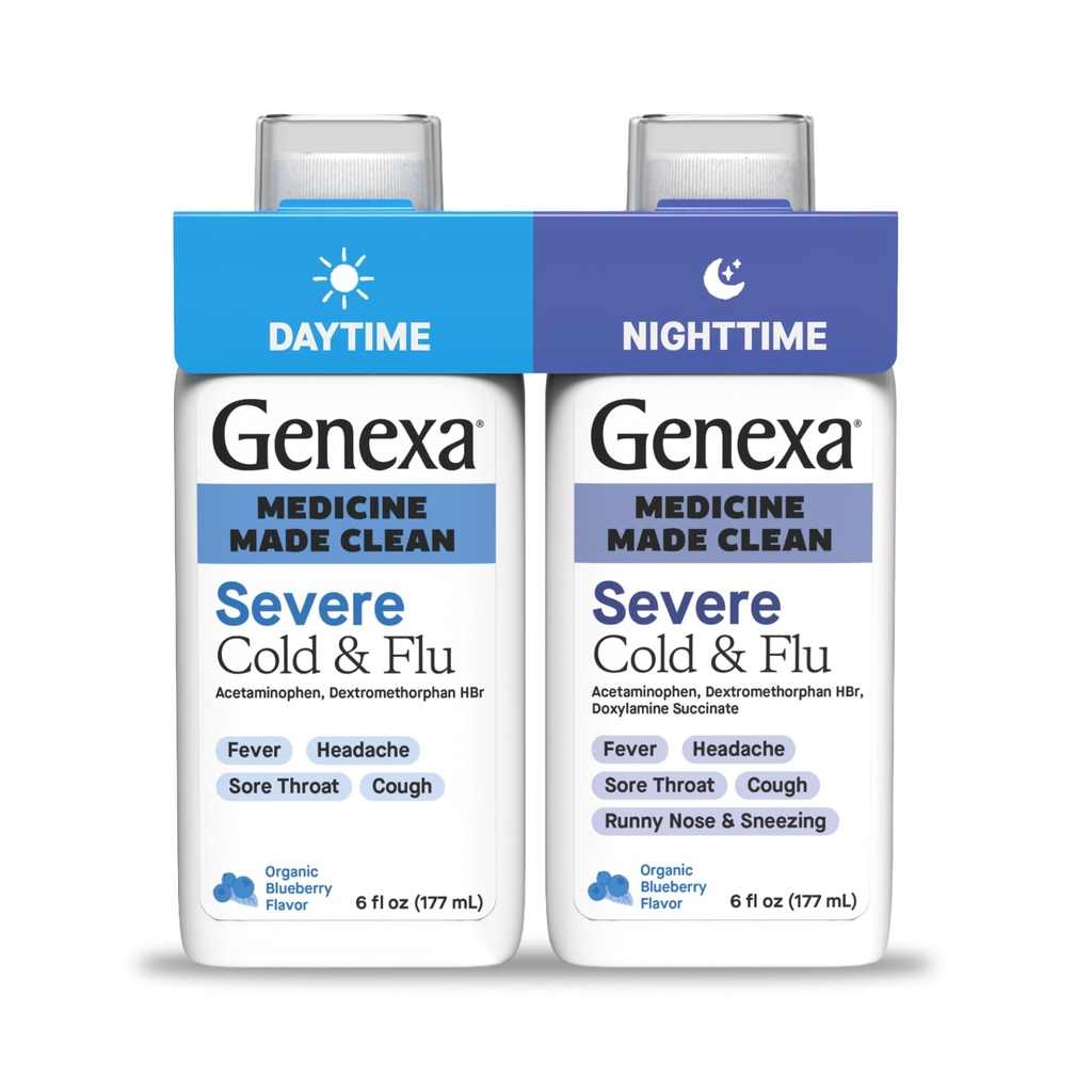 Genexa Clean Cold & Flu Daytime + Nighttime Severe Relief, Dye Free, 0% Additivi artificiali, Acetaminophen Fever Riduttore, Cough Suppressant, Antihistamine, Organic Blueberry Flavor, 12 fl oz (2 pack)