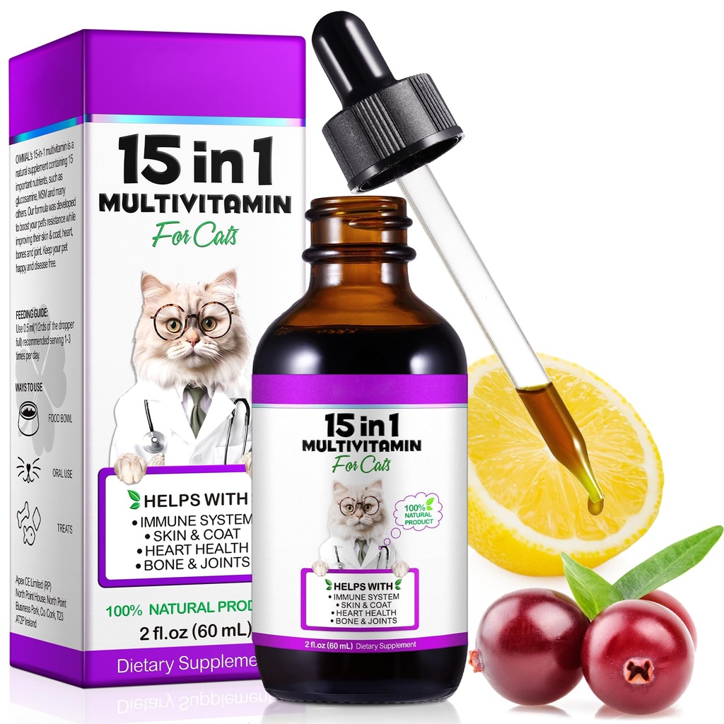 Gatto Multivitamin,15 in 1 Gatto Vitamine Gocce Liquide Integratori per la salute del cuore, Bones, Giunto, Pelle & Cappotto, La vescica, Supporto di sistema immunitario 60ml