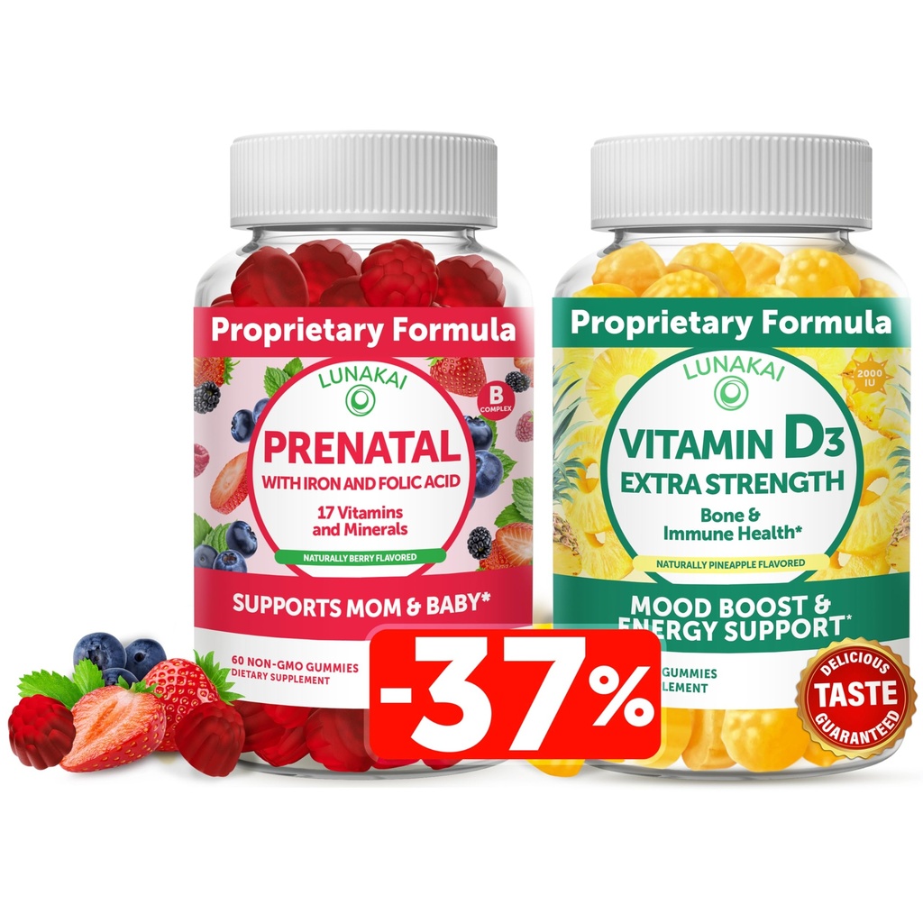 Lunakai Prenatal e Vitamina D3 Gummies Bundle - Gravidanza Multivitamina Gomma con Ferro e Acido Folico - Immunità, Bone e Mood Support Supplemento per Adulti