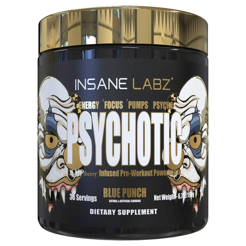 Insane Labz Psychotic Gold, High Stimulant Pre Workout Powder, Extreme Lasting Energy Focus, Pompe e Endurance con Beta Alanine, DMAE Bitartrate, NO Booster (35 Serve, Blue Punch)