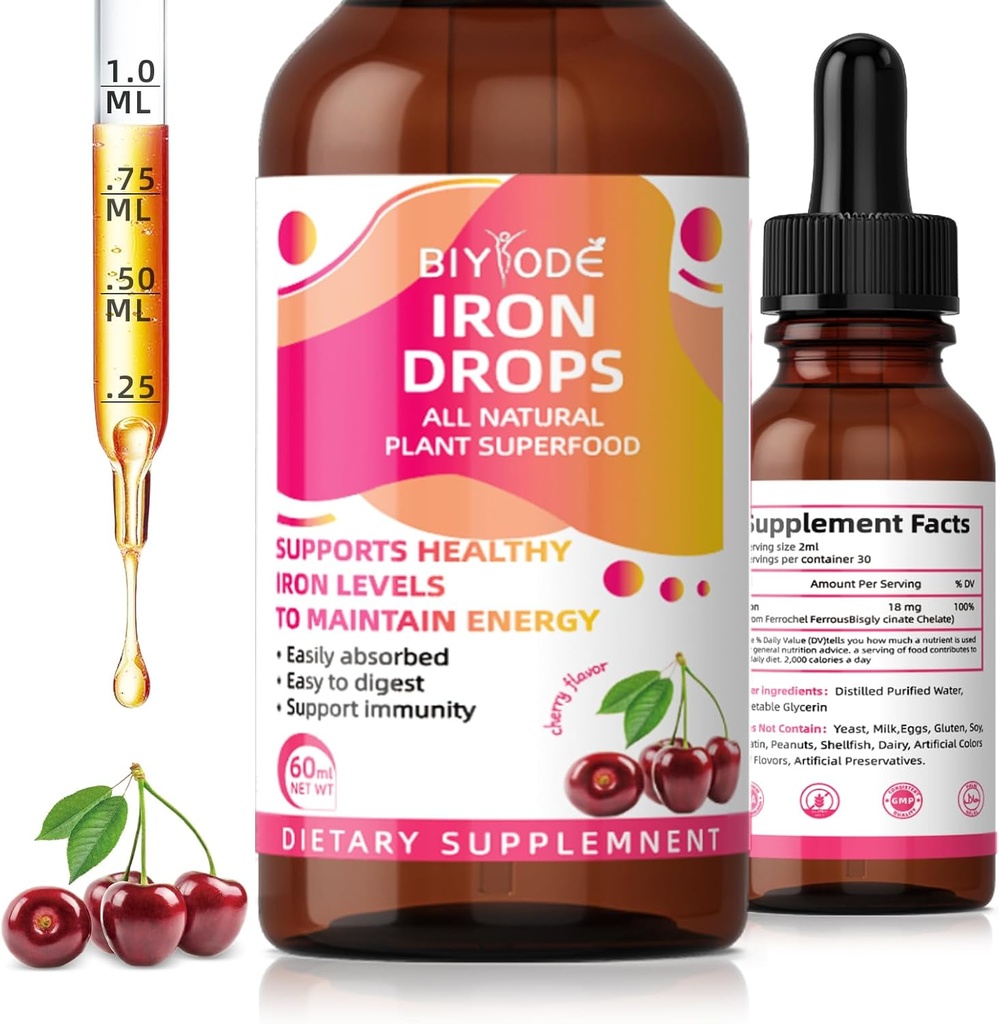 Supplemento di ferro per le donne gocce: Supplemento di ferro liquido con vitamina C B12 e acido folico di assorbimento dell'energia Supporto non costipante Formula Vegan Gocce senza zucchero