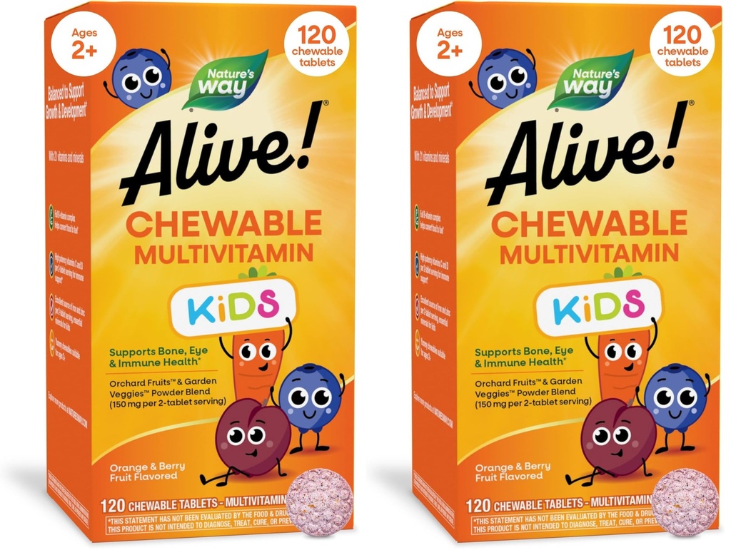 La Via della Natura Viva! Multivitaminico giornaliero masticabile per bambini, Supporta Bone, Occhio e Salute Immune*, Frutta arancio e a base di frutta aromatizzata, senza glutine, 120 compresse masticabili (Packaging May Vary) (Pack of 2)