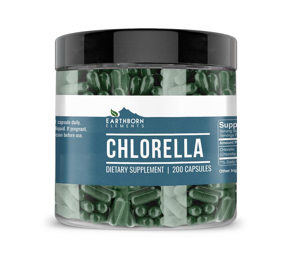 Elementi terrestri clorella 200 capsule, puro e diluito, senza additivi