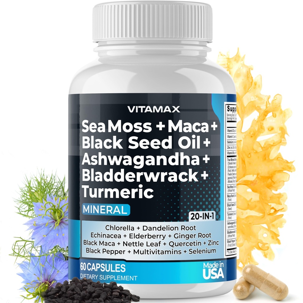 Sea Moss Maca Black Seed Oil Ashwagandha Bladderwrack Turmeric - Manuka Honey, Elderberry, Vitamina C & D3, Dandelion & Black Pepper - Non-GMO - Vegan - Made in USA - 60ct