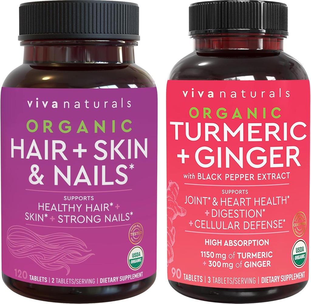 Capelli Organici e Vitamine Unghie + Curcuma Organica con Pepe Nero & Ginger Bundle, Realizzato con Biotina 5000mcg per Capelli Sani, Turmerico per Supporto Giunto Naturale