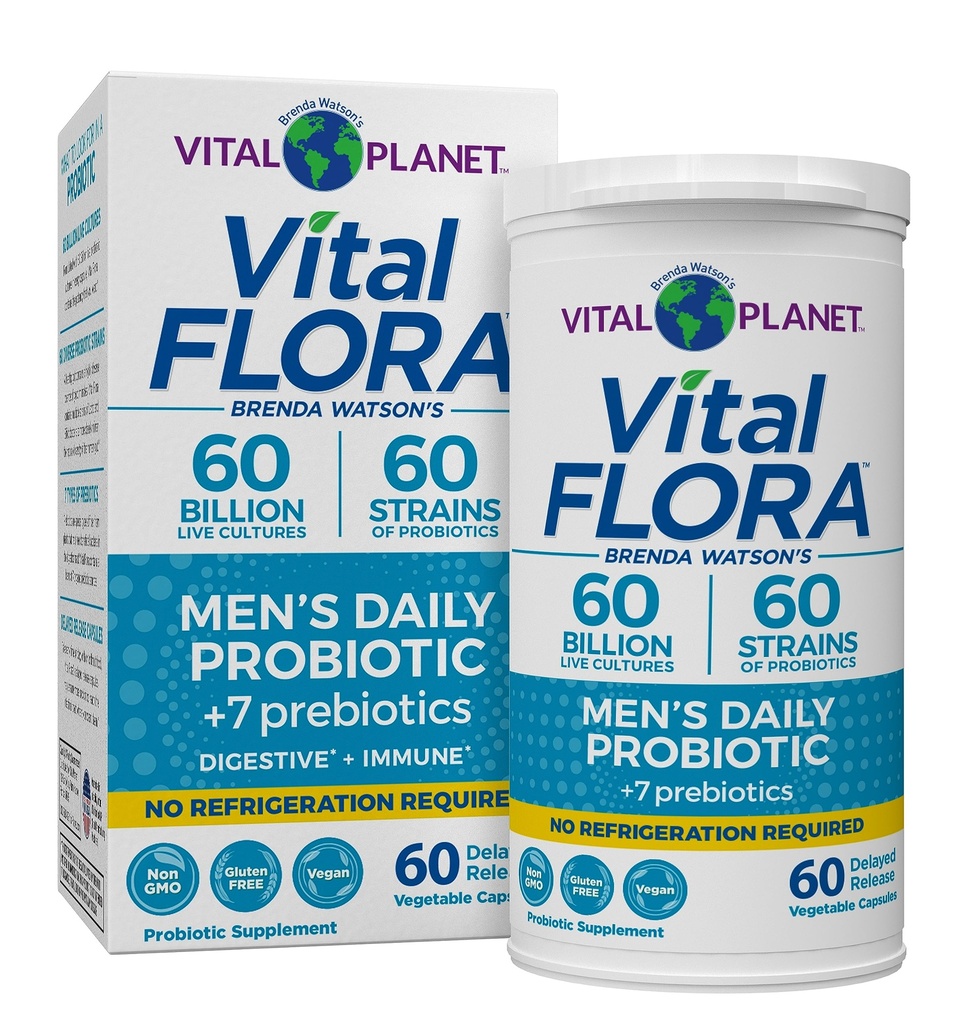 Vital Planet - Probiotici Vital Flora per gli uomini, 60 miliardi di CFU, 60 Diverse Strains, 7 Prebiotici Organici, Men’s Daily Shelf Stable Probiotics for Immune Support, Gas Relief, Digestive Health 60 Capsule