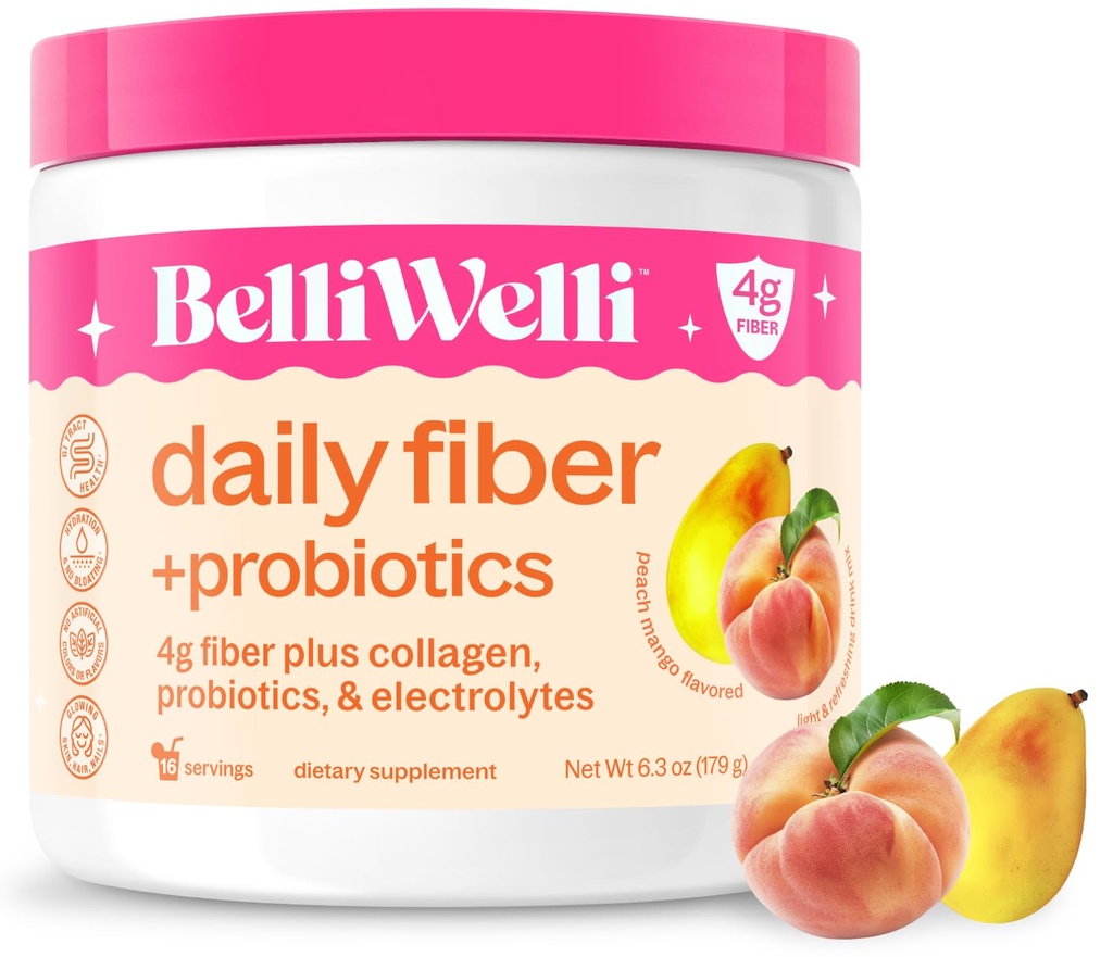 BelliWelli Fiber Supplemento per le donne e gli uomini – Polvere di fibra giornaliera Premium da Acacia organica con collagene aggiunto, elettroliti e probiotici – No Bloat, costipazione e assistenza sanitaria Gut (Peach Mango)