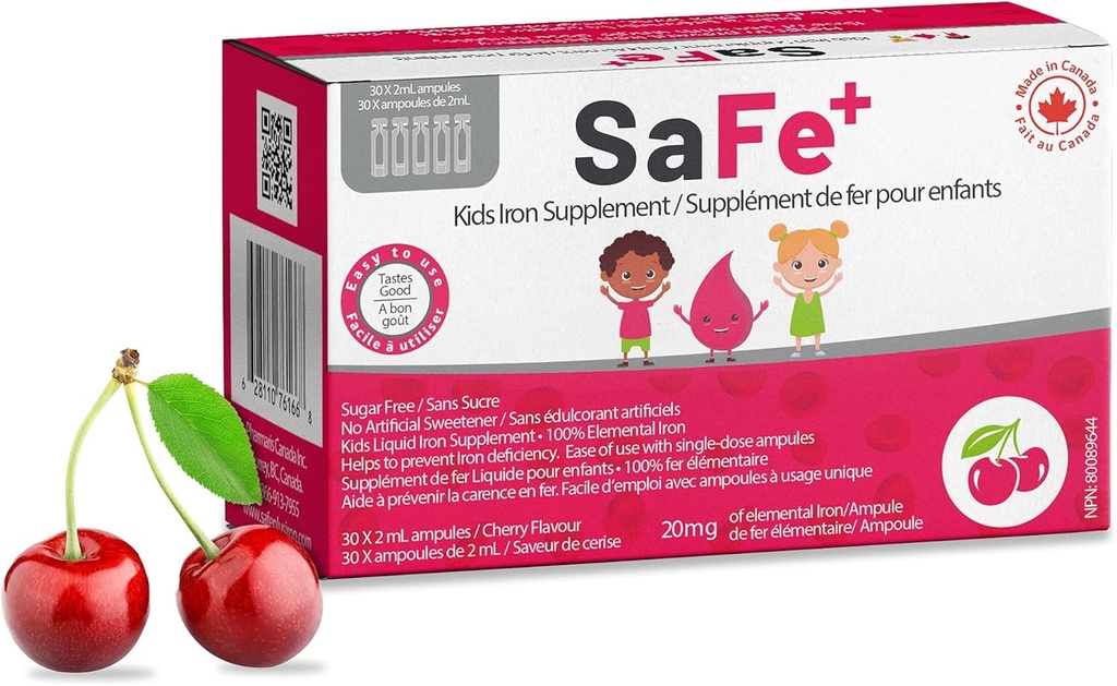 SaFe+ Ferro liquido per bambini | Grande Tasting Cherry Flavor | Facile da usare 20mg/2mL Ferro per ampule | 30 Unit-Doses (2 ml ciascuno) I Sugar Free & Allrgen Free I Mantenere Physical & Mental Wellbeing