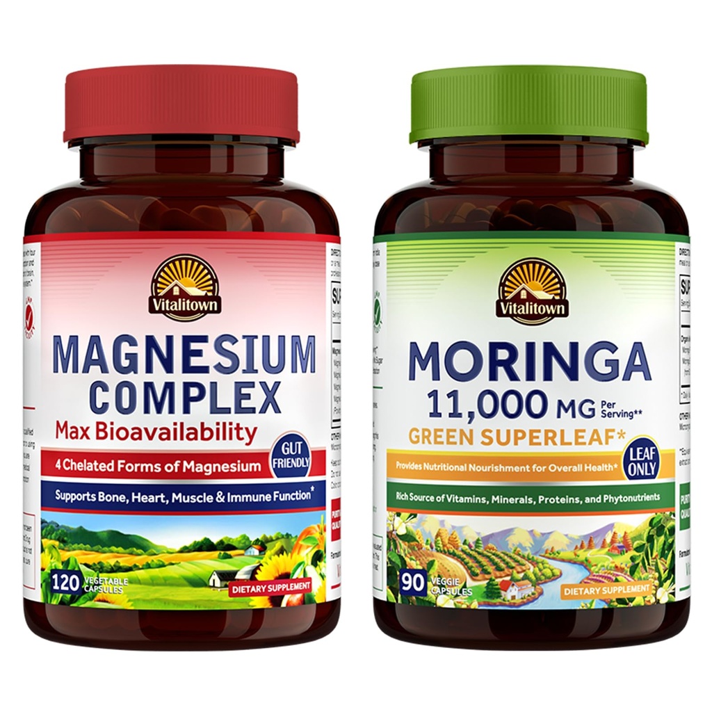 Vitalitown Magnesium + Moringa Bundle (Pack of 2) | Magnesium Complex (Item 1) & Moringa (Item 2) | 120 Magnesium Capsules & 90 clenbuterolo steroidi