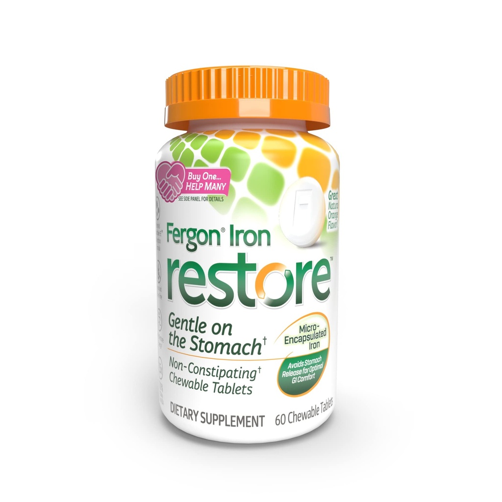 Fergon Iron Restore Chewable Tablets - Gentle on Stomach, Non-Constipating - ferro da 27mg per il supporto energetico – 60 compresse