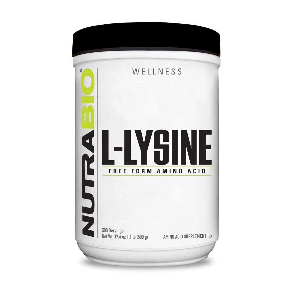 NutraBio L-Lysine Powder 500g – Aminoacido essenziale per il metabolismo delle proteine, il supporto del collagene, e la salute immunitaria – Puro, non aromatizzato, non OGM, Vegan- 500 Serve