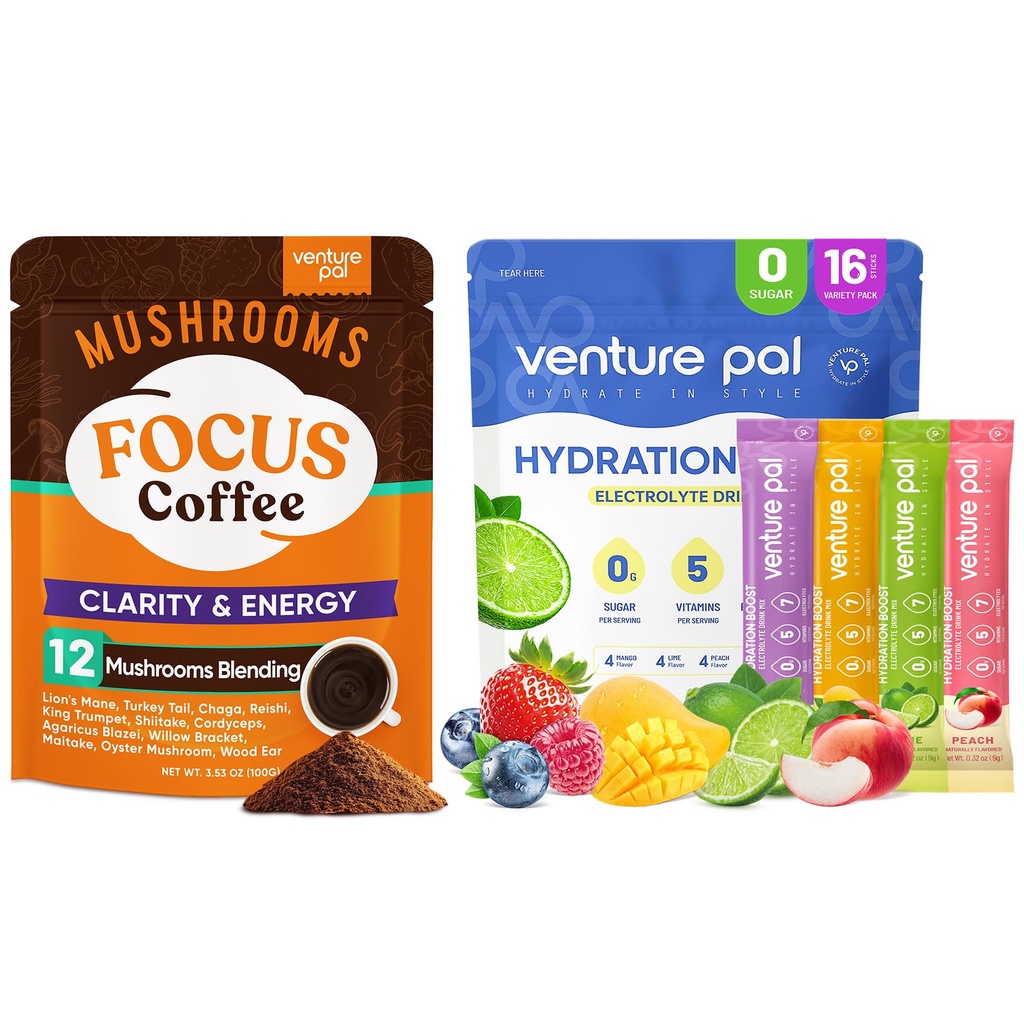 Venture Pal Mushroom Coffee & Electrolyte Powder Bundle: 12 in 1 Caffè con Ashwagandha per Focus & Immunity + Imballaggio elettrolitico senza zucchero con 5 Vitamine & 7 Electrolytes - 40 Serve & 16 Stick
