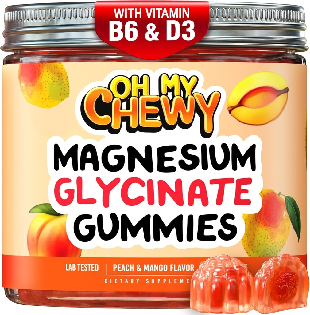 OH MY CHEWY Magnesium Glycinate Gummies Supplement - Support for Sleep, Calm, Relax - High Absorption for Kids, Teens & Adults with B6 & D3 - Gluten Free & Vegan Friendly