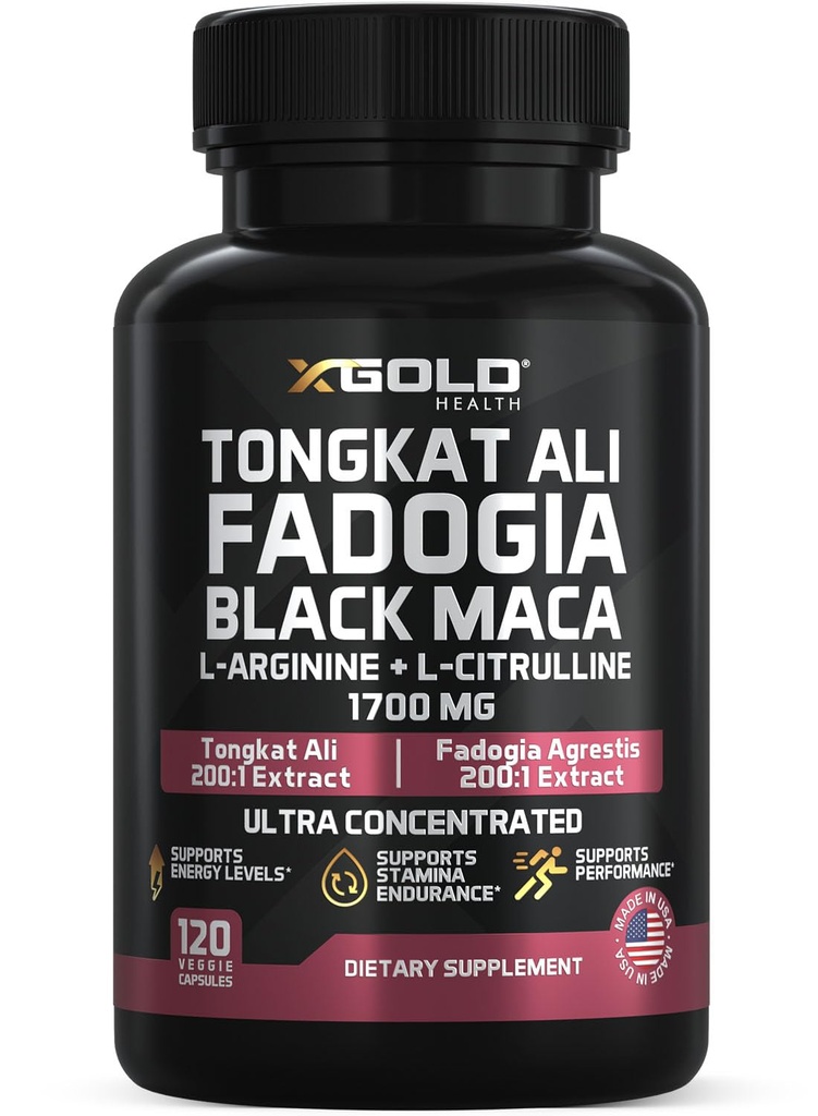X Gold Health Tongkat Ali + Fadogia Agrestis + Black Maca – Energia, Vitality & Stamina Booster per uomini e donne Made in USA