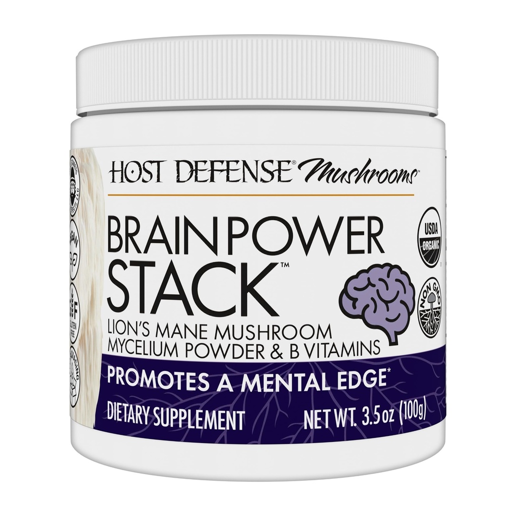 Polvere di stack del BrainPower della difesa dell'ospite - Supplemento di sostegno del cervello mirato - Supplemento del fungo della polvere con la mane del leone, niacina (B3) & vitamina B12 - supporto del cervello di erbe - 100g (66 Serve)*
