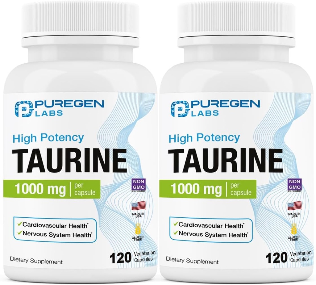 Puregen Labs Taurine 1000mg [High Potency] Total 240 Veg Capsule | No Harmful Additivi | Non OGM, NO Gluten e Dairy, Supporta la salute del cuore e il recupero del muscolo | Made in USA