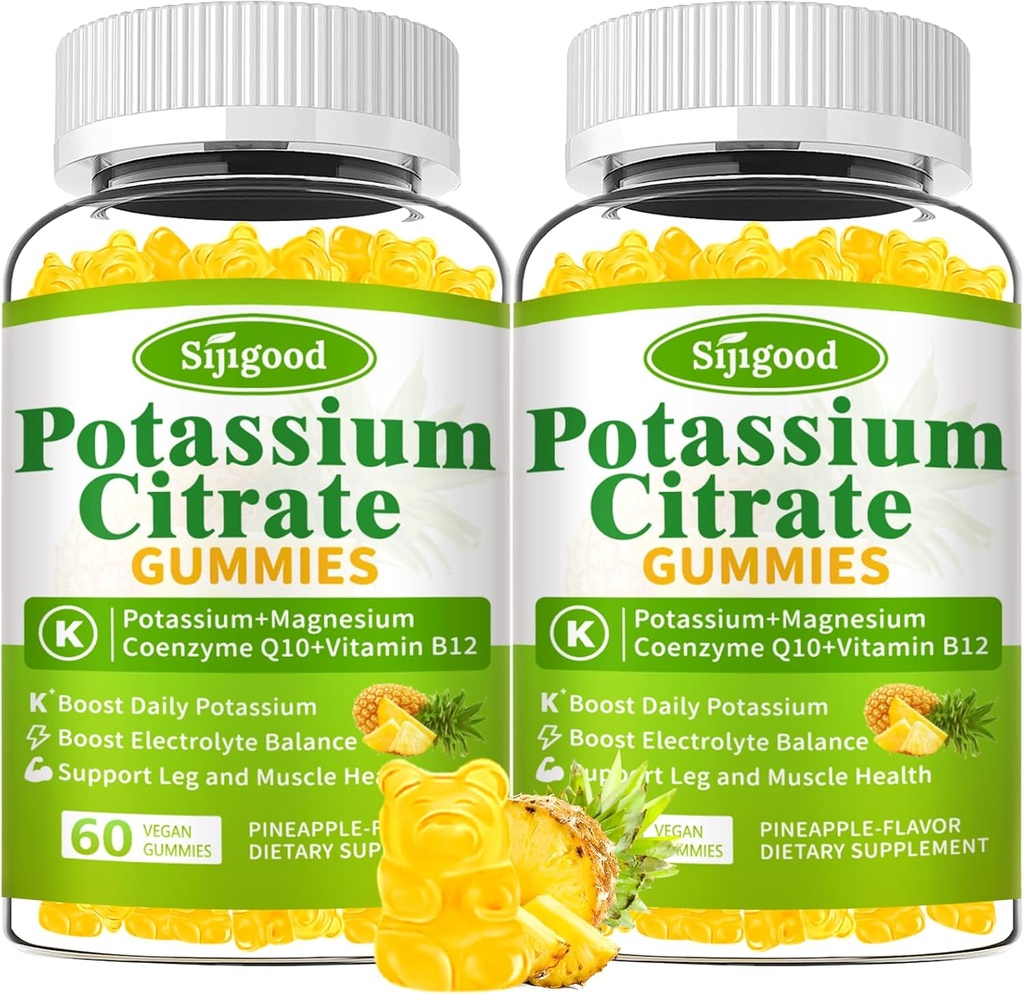 2 pacchi di potassio Citrato Gummies – Supplemento di potassio ad alta potenza per la salute del muscolo, grasso della gamba, bilancia elettrolita – Vegan, non OGM, senza glutine, aroma di ananas, 120 conte