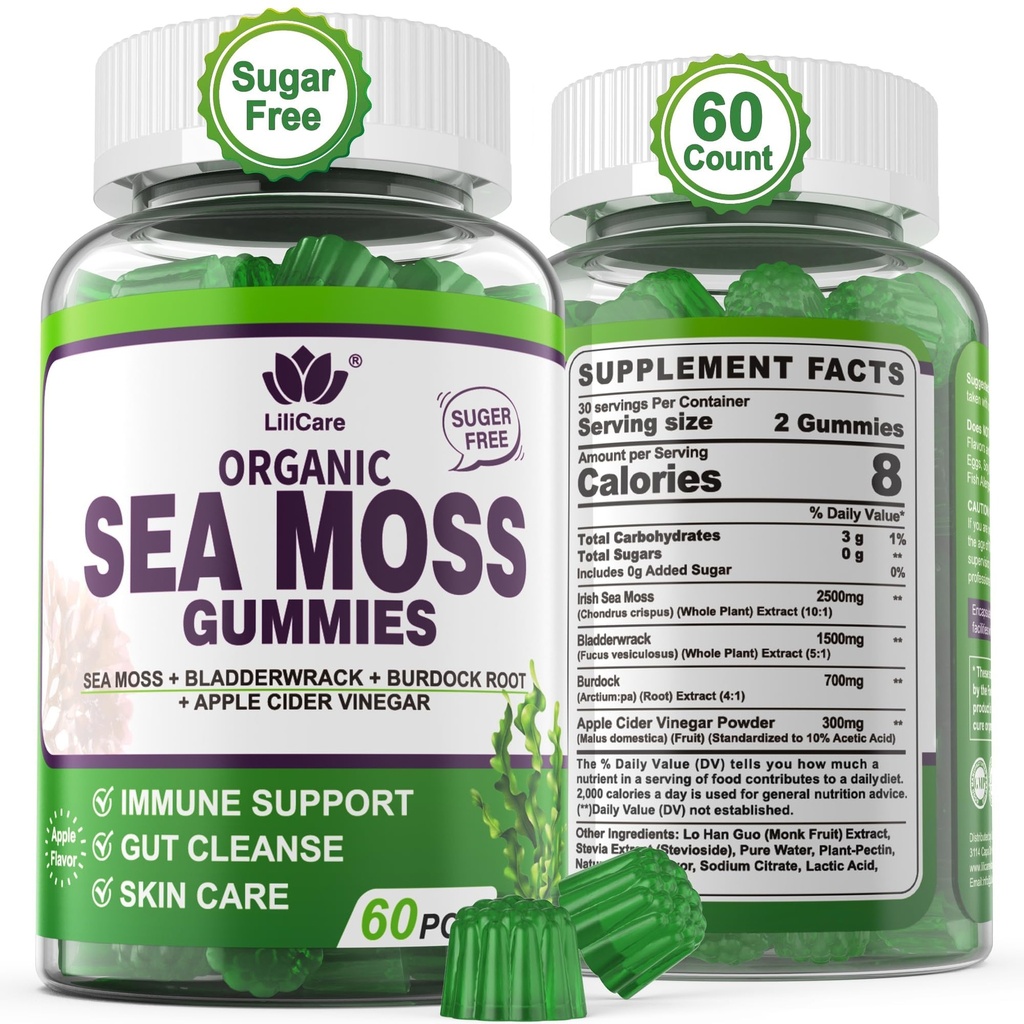 Sea Moss Gummies - Irlandese Sea Moss Gummies per adulti e bambini - Seamoss Superfood avanzato supplemento con estratto di radice di timone & Burdock, ACV per l'immune quotidiano, Gut Cleanse, Vegan, 60 conti