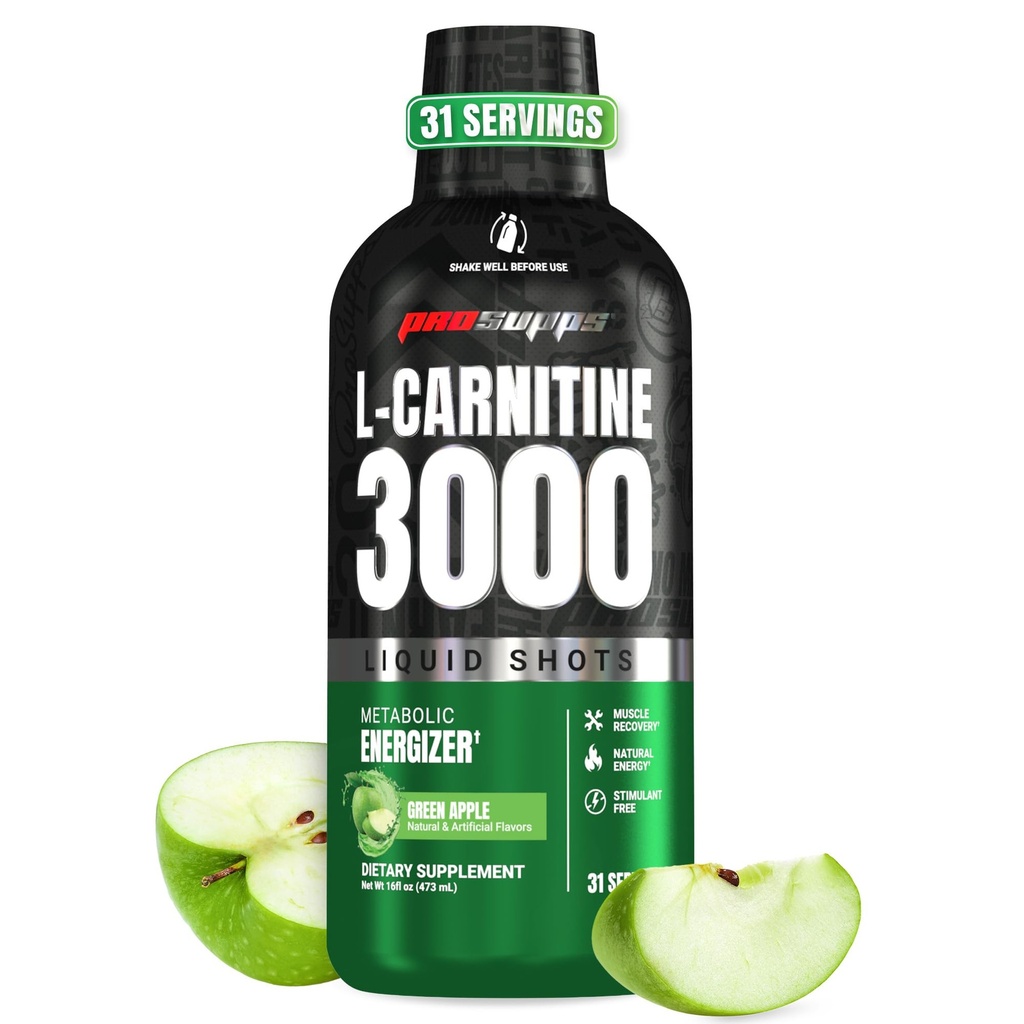 PROSUPPS L-Carnitina Liquid 3000, Stimulant-Free Liquid Shots for Men & Women - Bevanda di allenamento pulita per l'energia, Performance & Muscle Recovery - No Sugar, No Carbs - 31 Serve, Mela verde