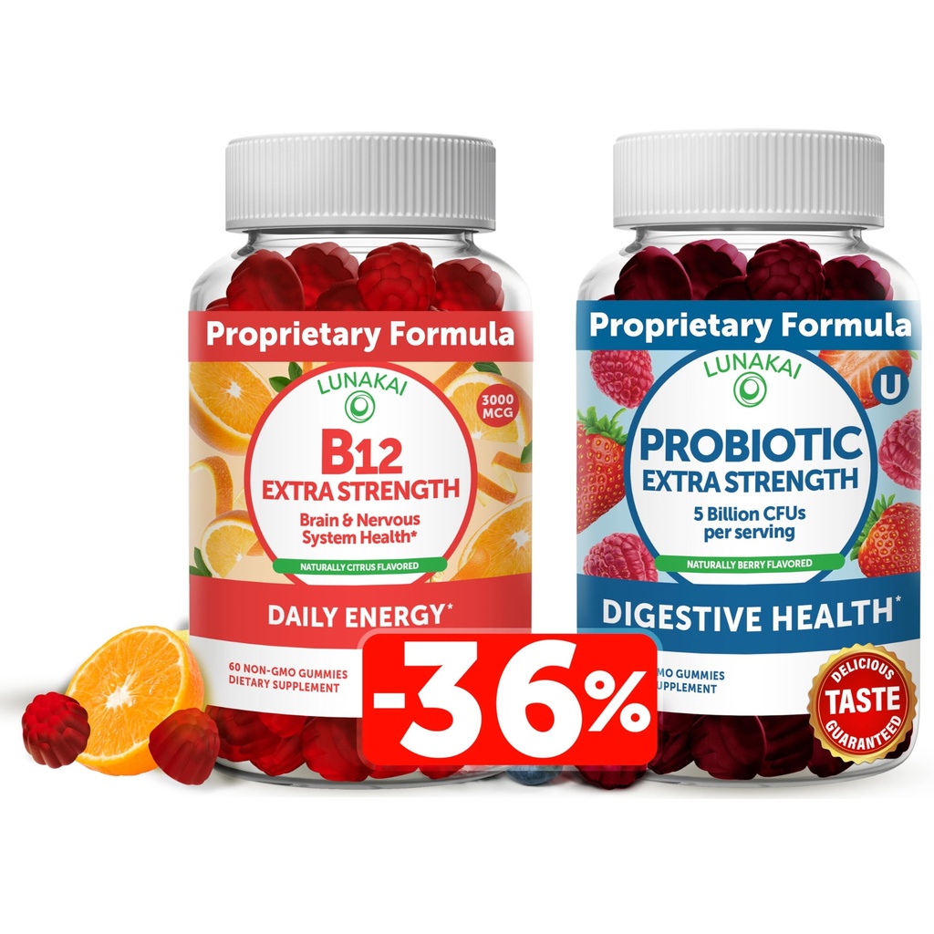 Lunakai Vitamina B12 e Probiotic Gummies Bundle - 3000 mcg Gummy per Adulti Energy Support e Bone Health - 5 miliardi di CFU Per Servere per Digestivo Gut Salute con Vitamina C per Donne & Uomini