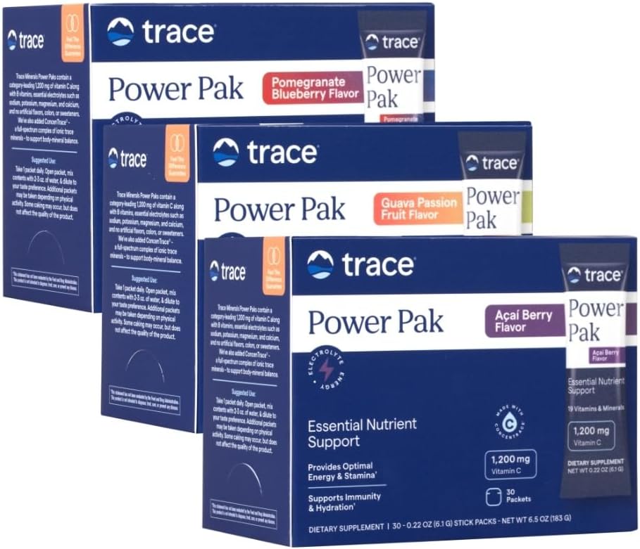 Trace Minerals Power Pak Multivitamin e Multimineral Packets - Electrolyte Support - 1200 mg Vitamina C Plus 70 Acai Berry, Blueberry Pomegranate e Guava Varietà - 90 Packets