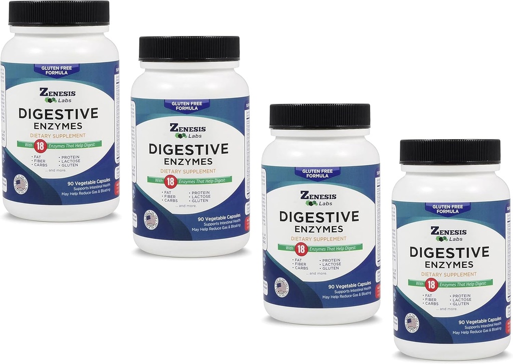 Zenesis Labs Enzimi Digestivi - con Amylase, Bromelain, Protease, Lipasi & 14 Altri enzimi Bulk 360 Capsule Alimentazione (4 Bottiglia Set - 90 Capsule/Bottle)