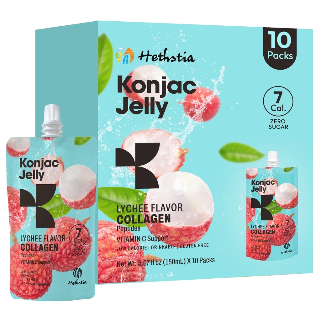 Hethstia Konjac Jelly, Lychee Konjac Jelly 10 Pouches con Peptidi di collagene, Calorie Basso Litri Bevibili Jello, Vitamina C Spuntini leggeri, Zucchero gratuito, Keto, Senza glutine, Regali alimentari sani