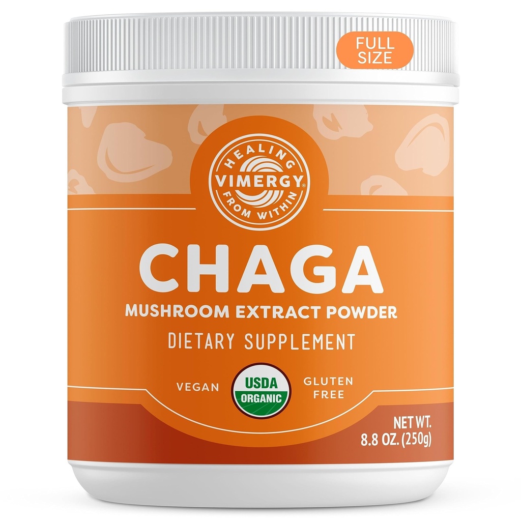Vimergy USDA Organic Wild Chaga Mushroom Extract Powder, 166 Servings – Ideale in Chaga Tea, Caffè, Smoothies – Supporto cardiovascolare - Kosher, Vegan, No Gluten, Paleo - Pure Chaga, No Fillers (250g)