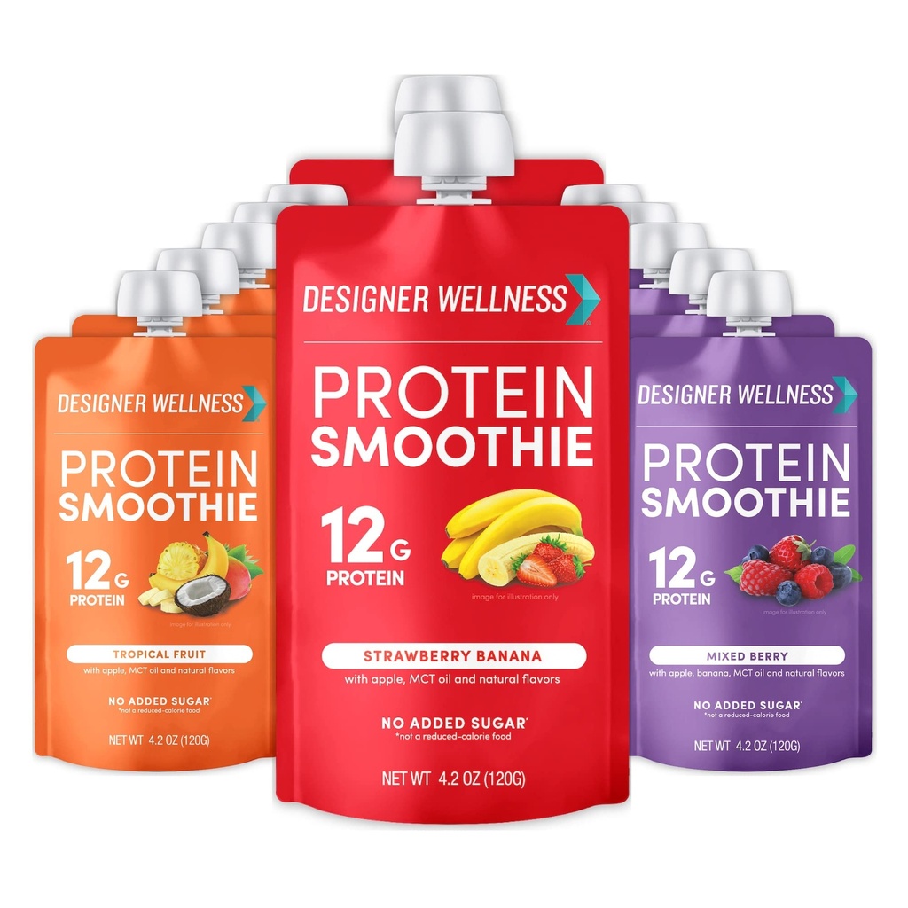 Designer Wellness Protein Smoothie, Frutta reale, 12g Protein, Carbo basso, Zero Aggiunto Zucchero, Senza glutine, Non OGM, Nessun colore artificiale o aromi, Varietà Pack, 12 Conte