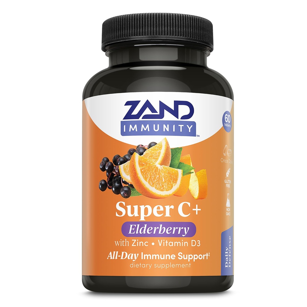Zand Immunity Super C+ con Elderberry, Supporto Immune di tutto il giorno, 1000mg PureWay-C Vitamina C Plus Zinc & Vitamina D-3, Assorbimento potenziato, 60 compresse, 30 Serve