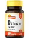 Vitamina di Sundance D3 400 IU (10 mcg) | 60 compresse vegetariane | Supplemento di vitamina essenziale | Formula vegetariana, non OGM e senza glutine
