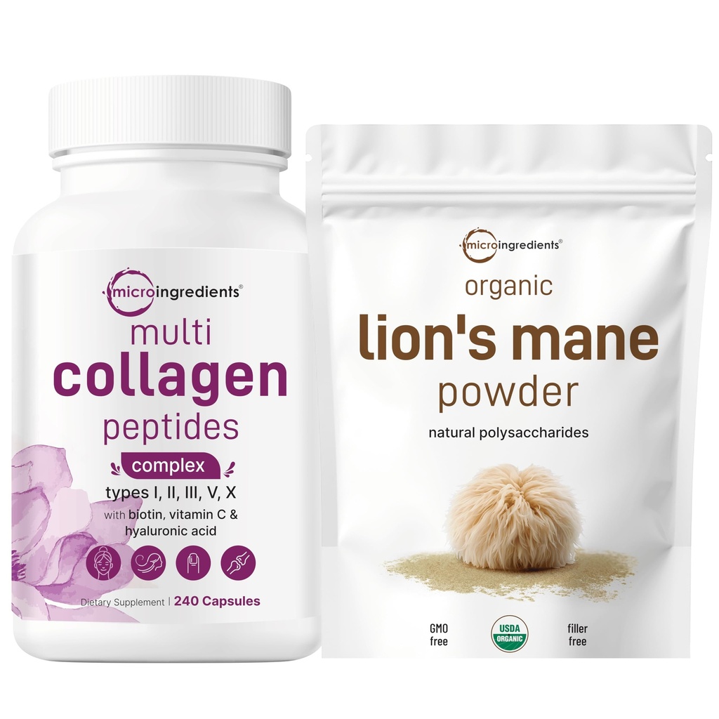 Micro Ingredienti Multi Collagen Complex & Lions Mane Mushroom Supplemento polvere Bundle 2 Pack | Peptidi di collagene a base di erba | Superfood naturale per il cervello, l'energia e la salute immunitaria