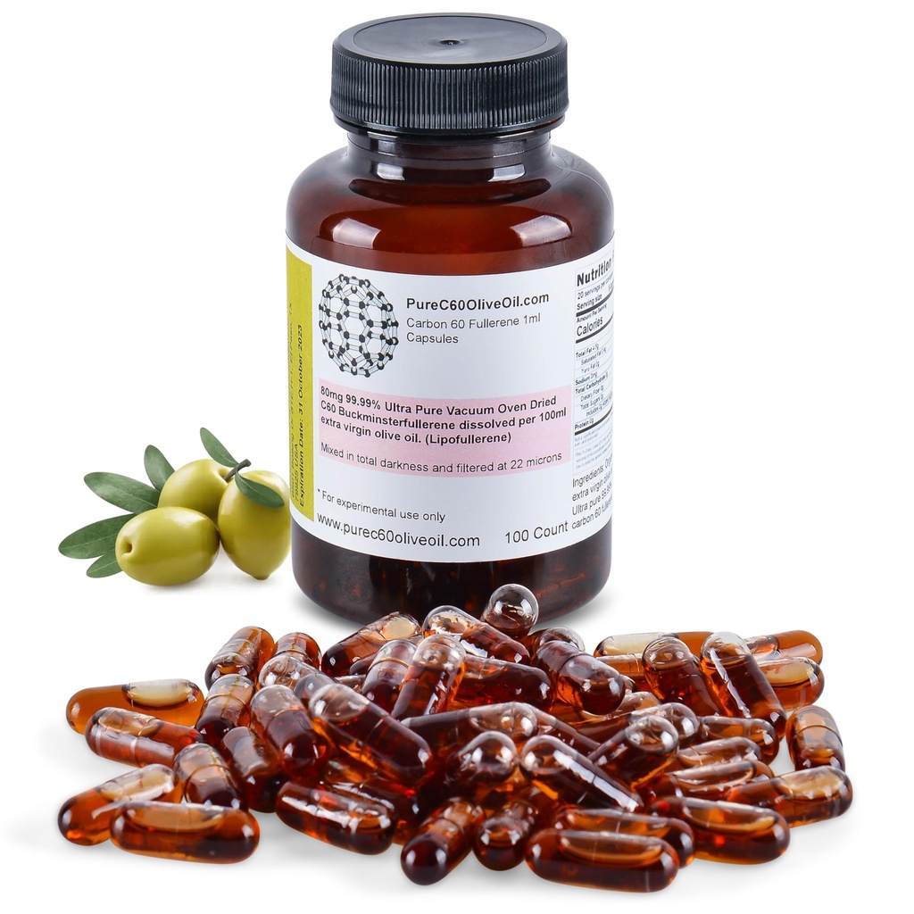PureC60OliveOil C60 Oliva Organica capsule Pillole 100ml / 3.4 Fl Oz - 99,99% Carbon 60 Solvent Free 80mg - Food Grade - Carbon 60 olio d'oliva - Dal produttore globale leader