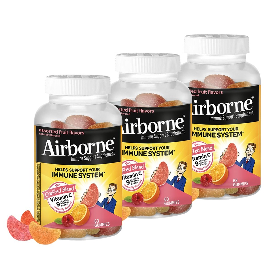 Airborne 750mg Vitamina C Integratore di supporto immunitario Gummies per adulti, Frutta assortita, Gluten Free Crafted Blend con potenti antiossidanti Vitamine A C & E, 63 Gummies (3 Pack)
