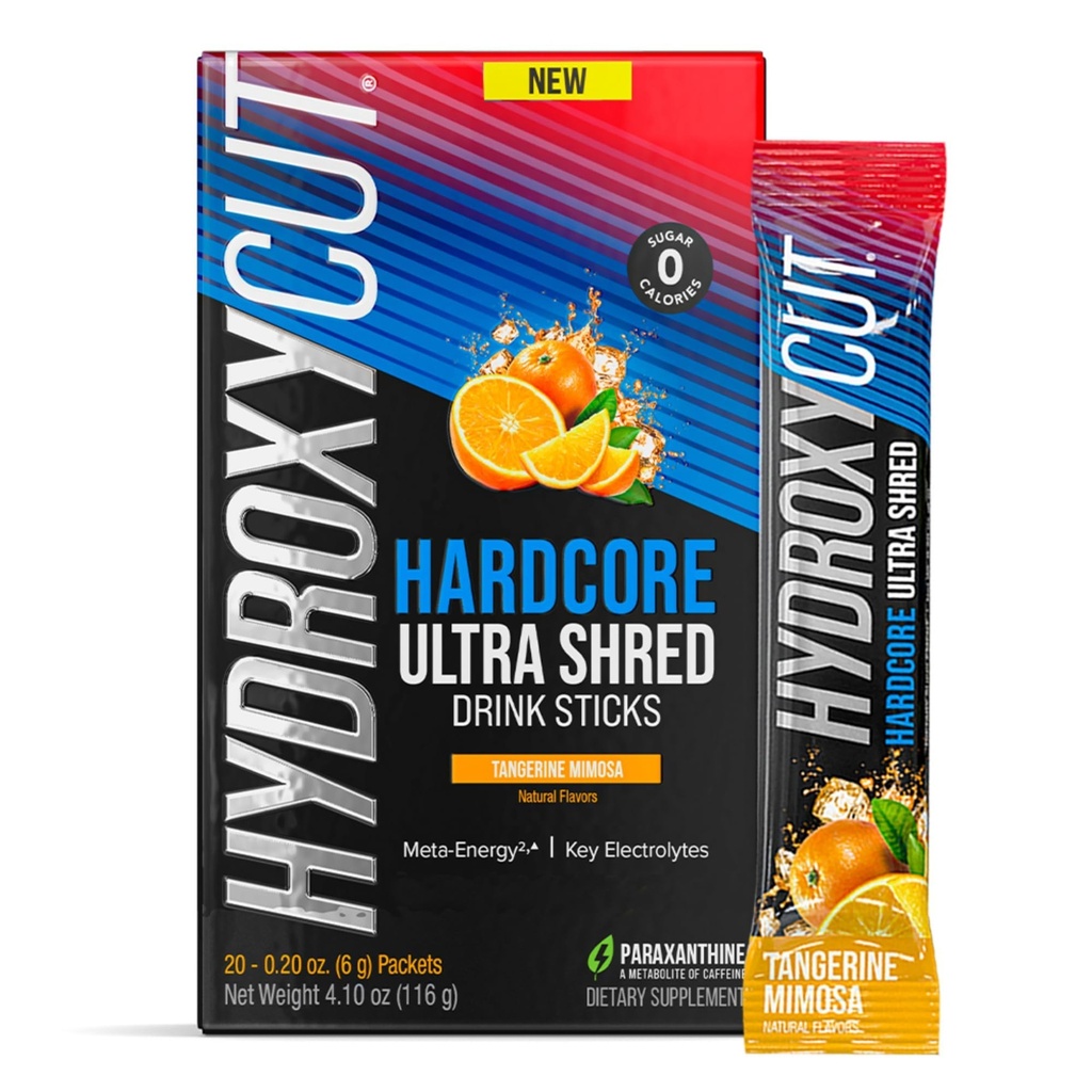 Hydroxycut Hardcore Ultra Shred Bevande Sticks, Tangerine Mimosa - 20 Packets - Zucchero Zero o Calorie - Include Paraxanthine & B Vitamins - per le donne e gli uomini