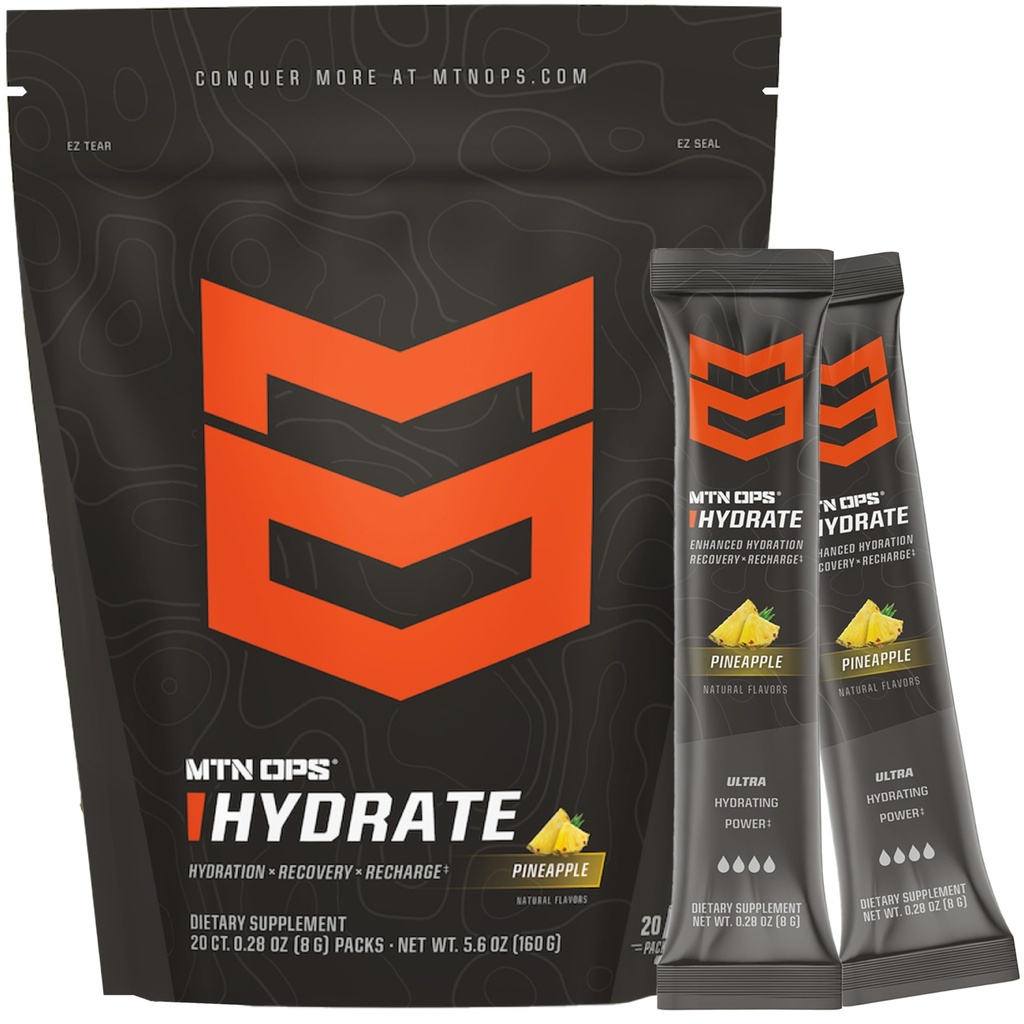 MTN OPS Hydrate Electrolytes Polvere Bere Mix, 20 singolo Servire on-The-Go Electrolyte Packs con oltre 1000mg di elettroliti per la dose, ananas