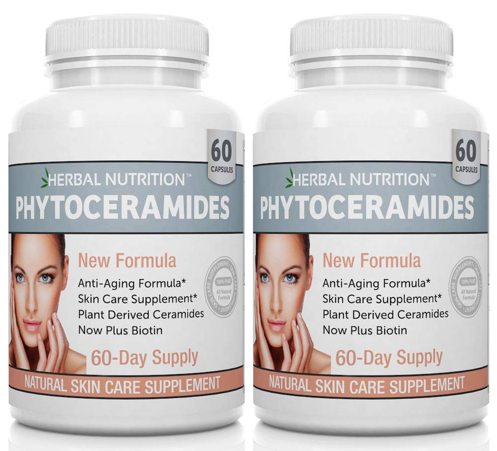 Phytoceramides Rice Basato con Biotin Anti Aging Supplement, Rimozione delle rughe e idratazione facciale con Phytoceramides Vitamina A, C, D ed E, Due Bottiglie, 120 Capsule 40mg, Gluten Free