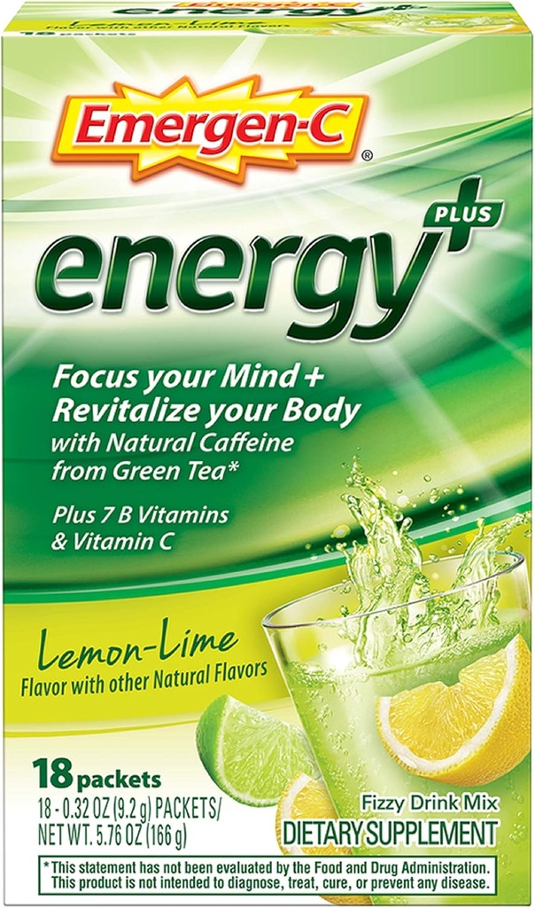 Emergen-C Energy+, con vitamine B, vitamina C e caffeina naturale dal tè verde (18 conte, aroma di acai di mirtillo) Miscela di bevanda dietetica, 0,3 confezioni di polvere di oncia