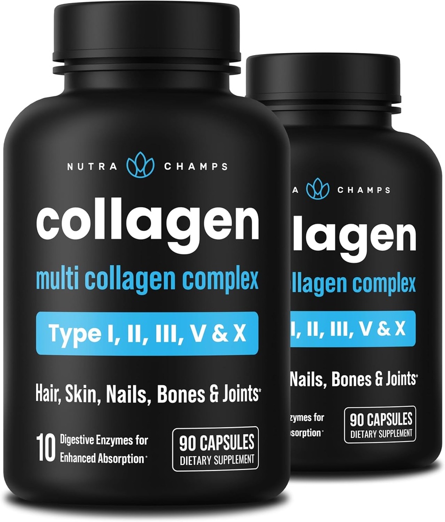 NutraChamps Multi Collagen Pills, Tipi I,II,III,V,X, doppio collagene idrolizzato Peptides capsule in polvere, integratore proteico per le donne e gli uomini, 180 capsule (pacchetto di 2)