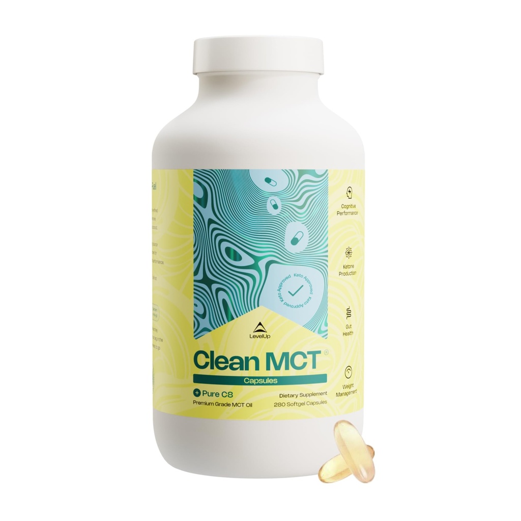 LevelUp Clean MCT Oil Capsule - 100% Caprylic C8 per l'energia, la messa a fuoco, la gestione del peso, la salute del fegato, il cervello Superfuel - Keto Supplemento per dieta e chetoni Ketogenic - Non-GMO (280 Conte)